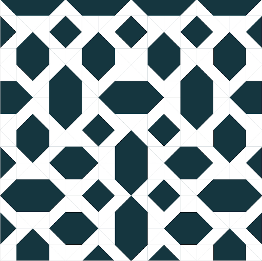 hilbert quilt with blue and white half square triangles where the quilt is horizontally symettric and the top to blocks are roatated 90 for the bottom two in an iterave way.