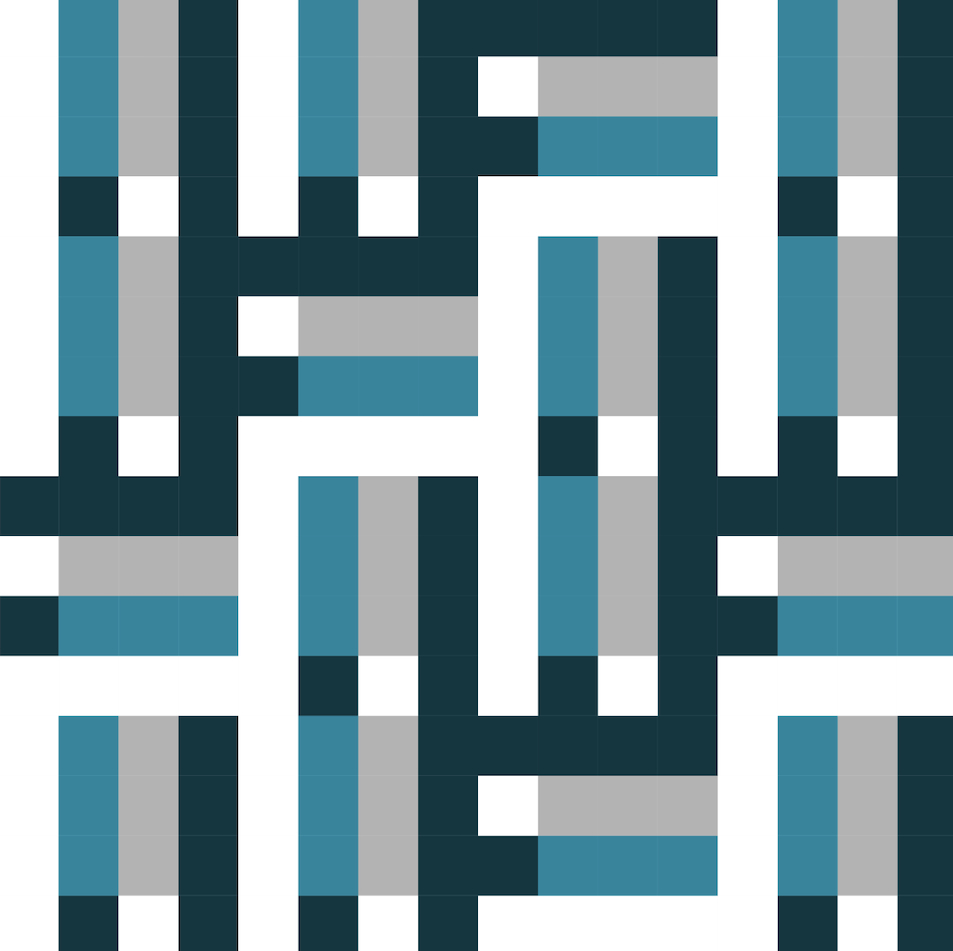 a jelly roll quilt block with black, white, and grey colors that make an almost woven herring bone pattern in a 4-by-4 grid.